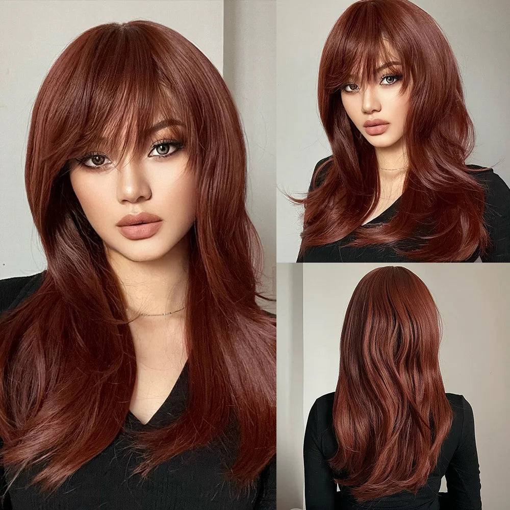 Blonde Unicorn Cherry Red Wig Synthetic Long Wavy Wig with Bangs Daily Party Cosplay Hair Wigs for Women Heat Resistant Fiber