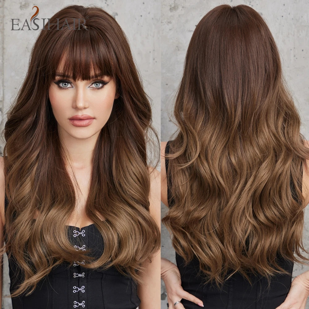 Ombre Light Brown Wigs with Bangs Blonde Highlight Long Curly Wavy Synthetic Wigs for Women Daily Cosplay Party Heat Resistant