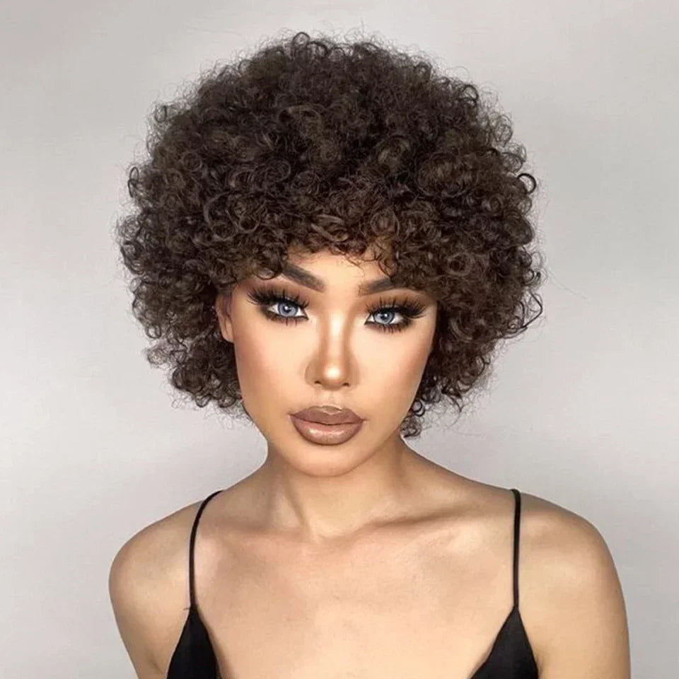 Brazilian Afro Puff Pixie Bob Wig 99J Natural Brown Full Machine Made Pre-Plucked Bangs 100% Human Hair For Black Women