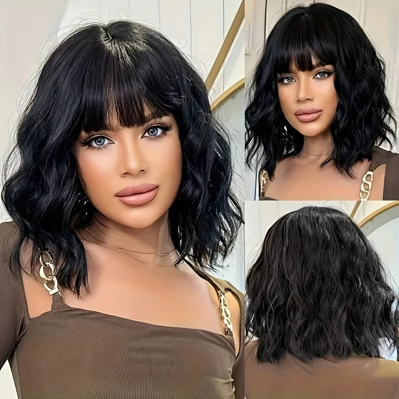 Body Wave Short Bob Human Hair Wig With Bangs Glueless Full Machine Made Wig For Women Brazilian Water Wave Bob Wig With Bangs