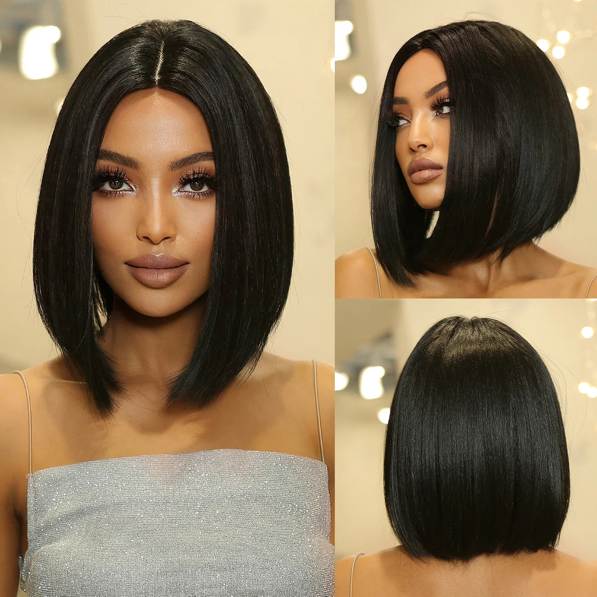 ALAN EATON Short Straight Ombre Brown Blonde Bob Wig With Bangs Synthetic Hair Wig for Women Cosplay Lolita Heat Resistant Fiber