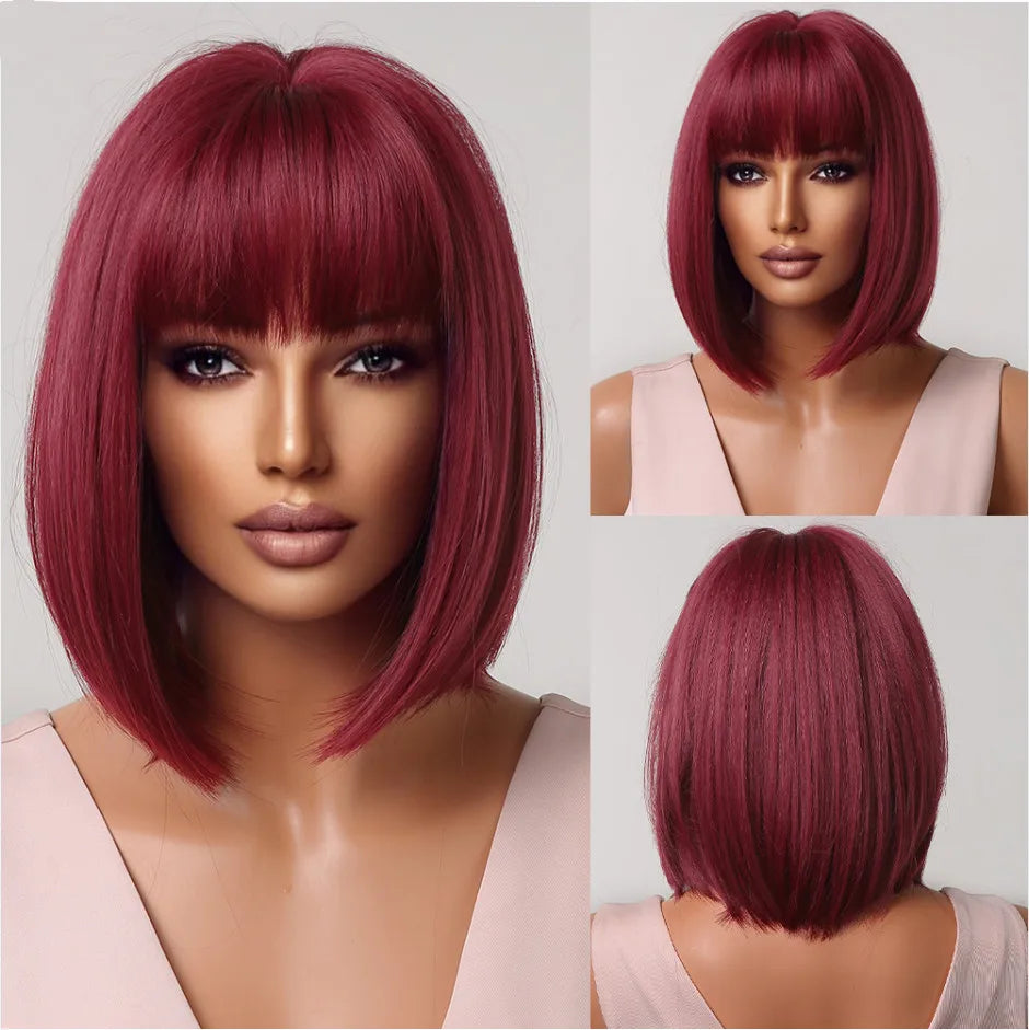 LOUIS FERRE Short Straight Synthetic Wigs for Women Brown Bob Wigs with Bangs Daily Cosplay Medium Length Heat Resistant Hair