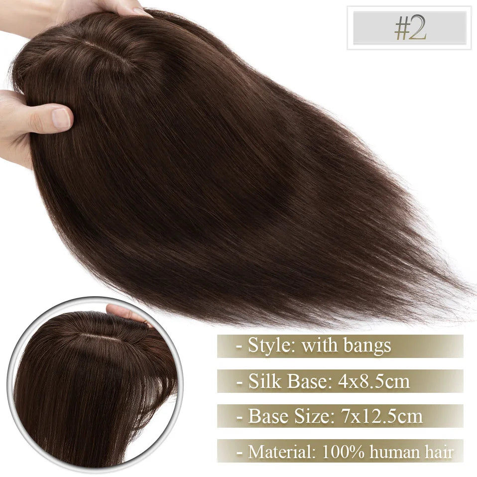 TESS Women Topper 7x12.5cm Hair Toppers With Bangs Natural Hair Wig Human Hair Silk Base Center Part Hair Clip In Hair Extension