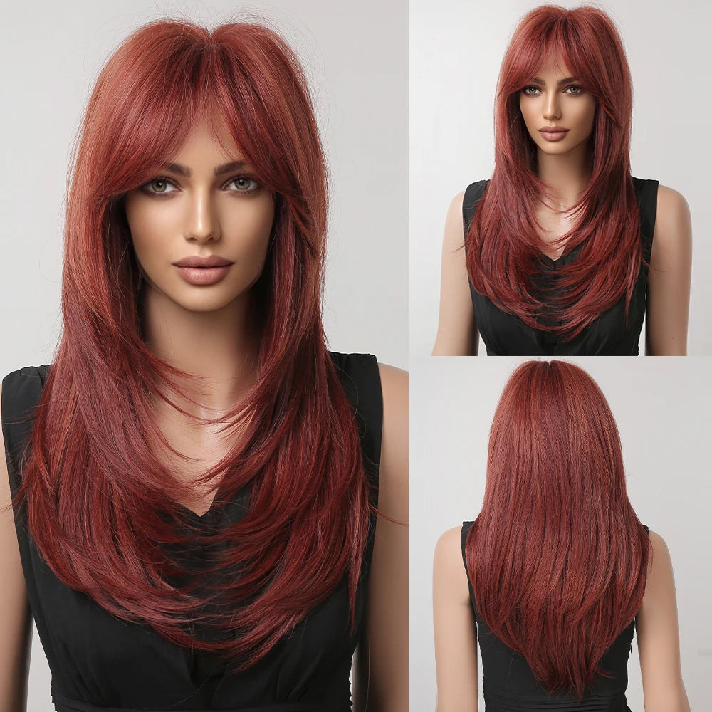 HENRY MARGU Ombre Red to Black Synthetic Wigs with Bangs Long Straight Layered Wig Colored Party Heat Resistant Hair for Women