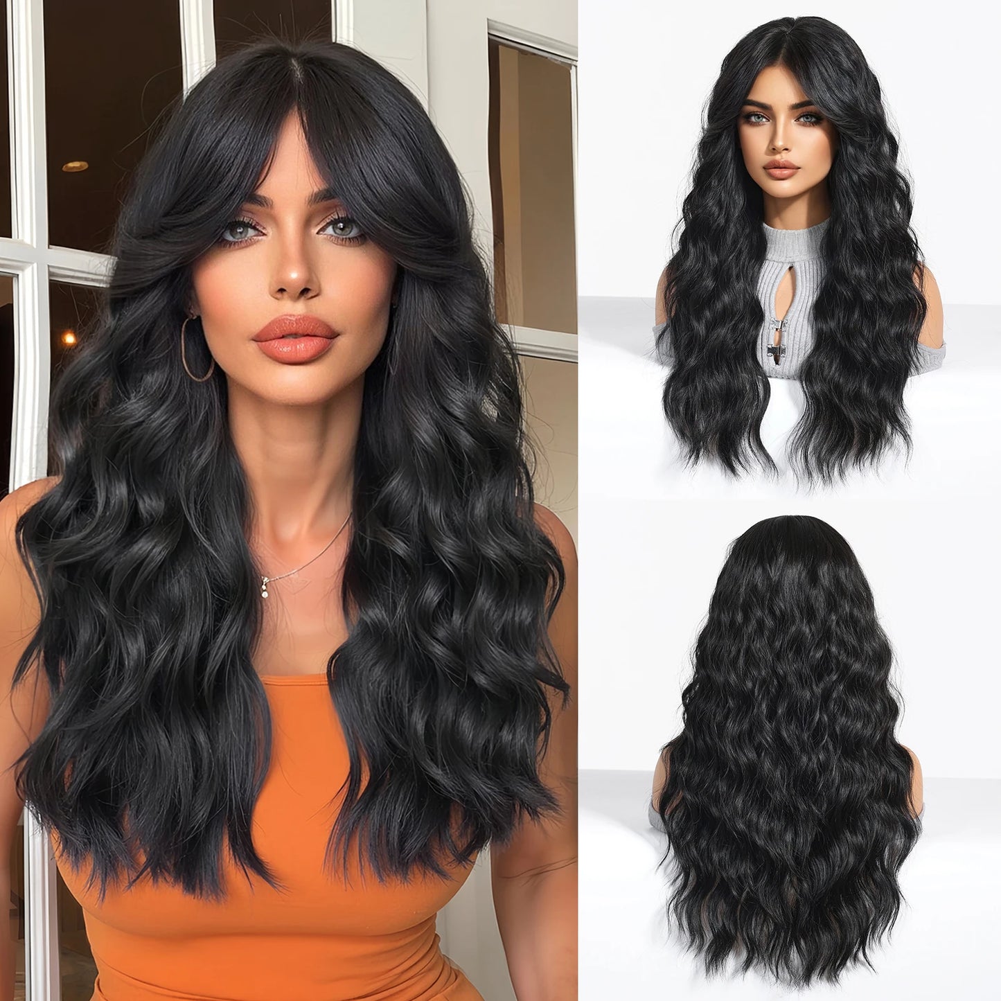 Long Curly White Platinum Synthetic Wigs with Bangs for Women Afro Cosplay Lolita Wavy Wig Natural Hair Heat Reisitant Daily Use