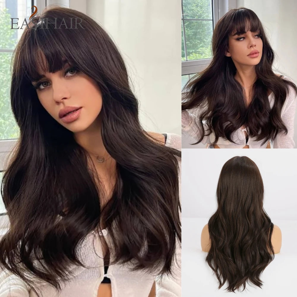 Ombre Light Brown Wigs with Bangs Blonde Highlight Long Curly Wavy Synthetic Wigs for Women Daily Cosplay Party Heat Resistant