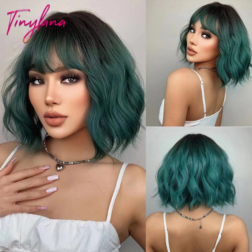 Bob Blue Curly Wavy Wigs with Bangs Short Colorful Cosplay Wigs for Women Afro Halloween DaiIy Natural Heat Resistant Fake Hair