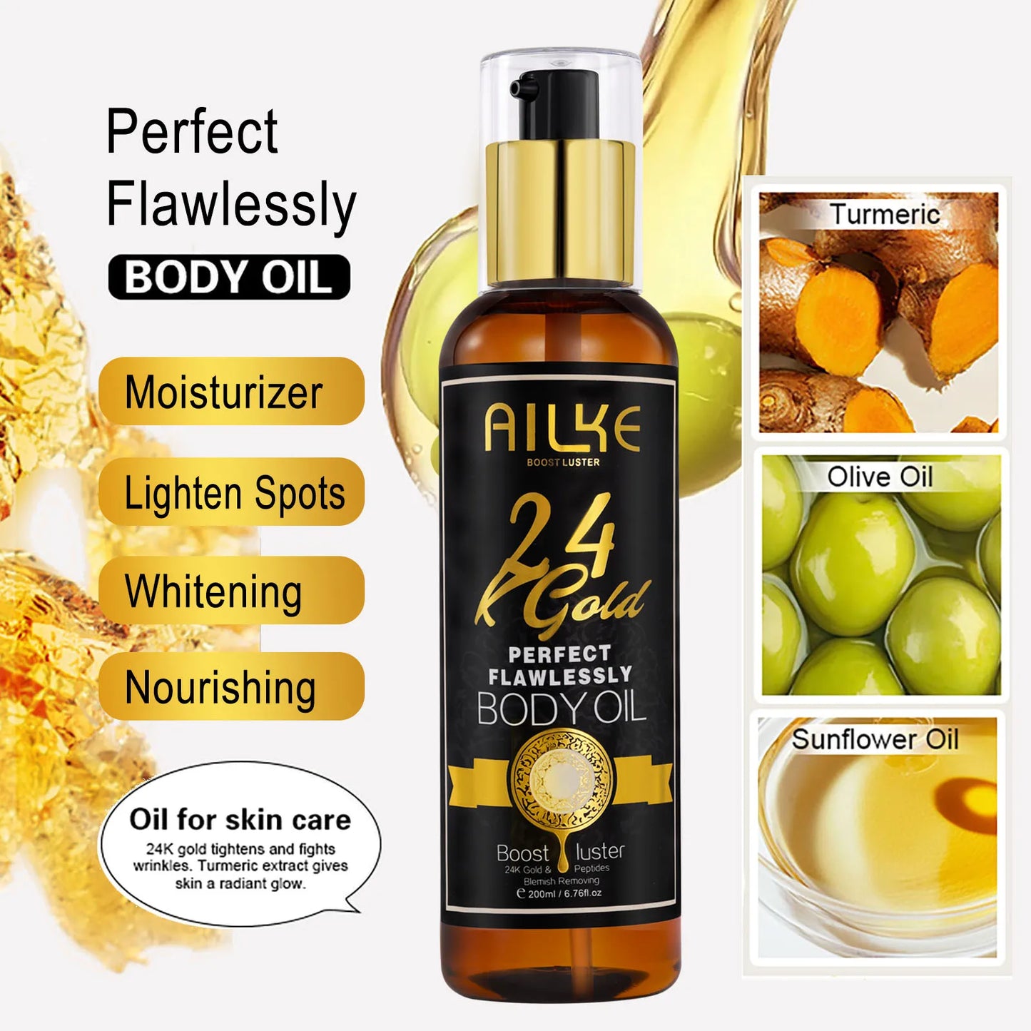 AILKE 24K Gold Perfect Flawlessly Lightening Skin Care Kit, Moisturizing, Smooth Skin, Even Skin Tone, Reduce Wrinkles