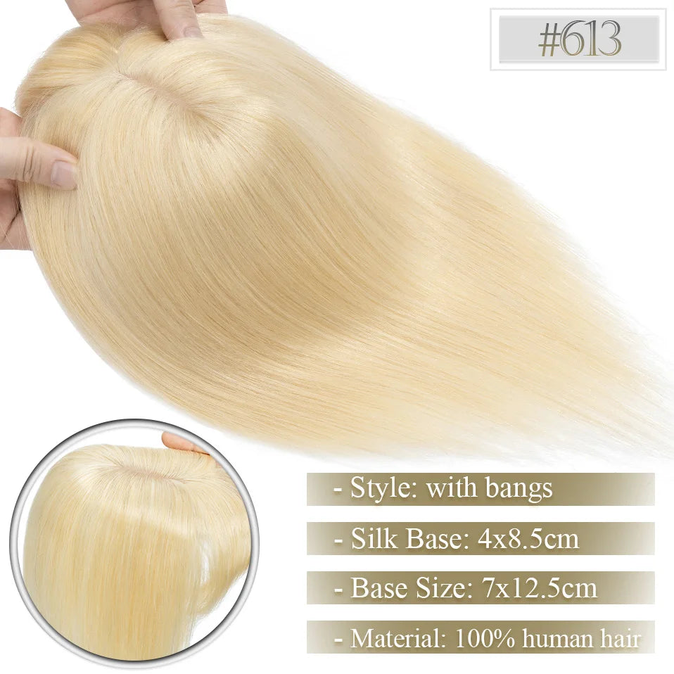 TESS Women Topper 7x12.5cm Hair Toppers With Bangs Natural Hair Wig Human Hair Silk Base Center Part Hair Clip In Hair Extension