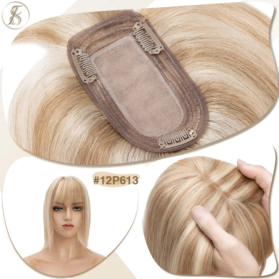 TESS Women Topper 7x12.5cm Hair Toppers With Bangs Hair Clips Natural Hair Wigs 100% Human Hair Silk Base Clip In Hair Extension