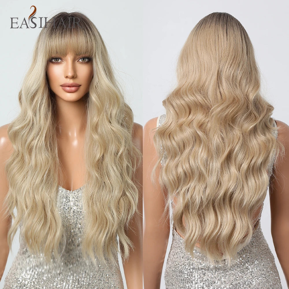 Dark Brown Synthetic Wigs with Bangs Long Curly Wavy Brown Wigs with Blonde Highlights for Afro Women Daily Party Heat Resistant