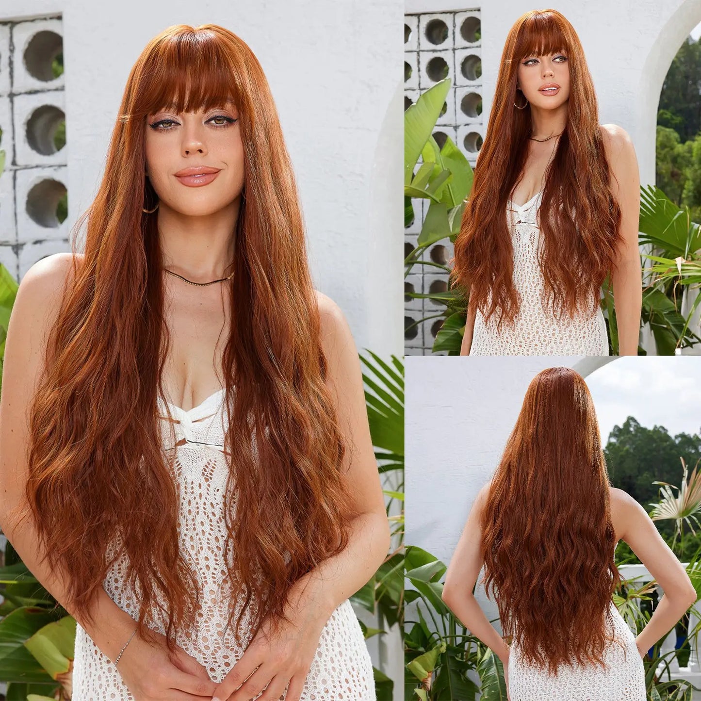 LOUIS FERRE Dark Brown Long Wavy Natural Hair Women's Synthetic Wig With Bangs Long Water Wave Daily Cosplay Hair Heat Resistant