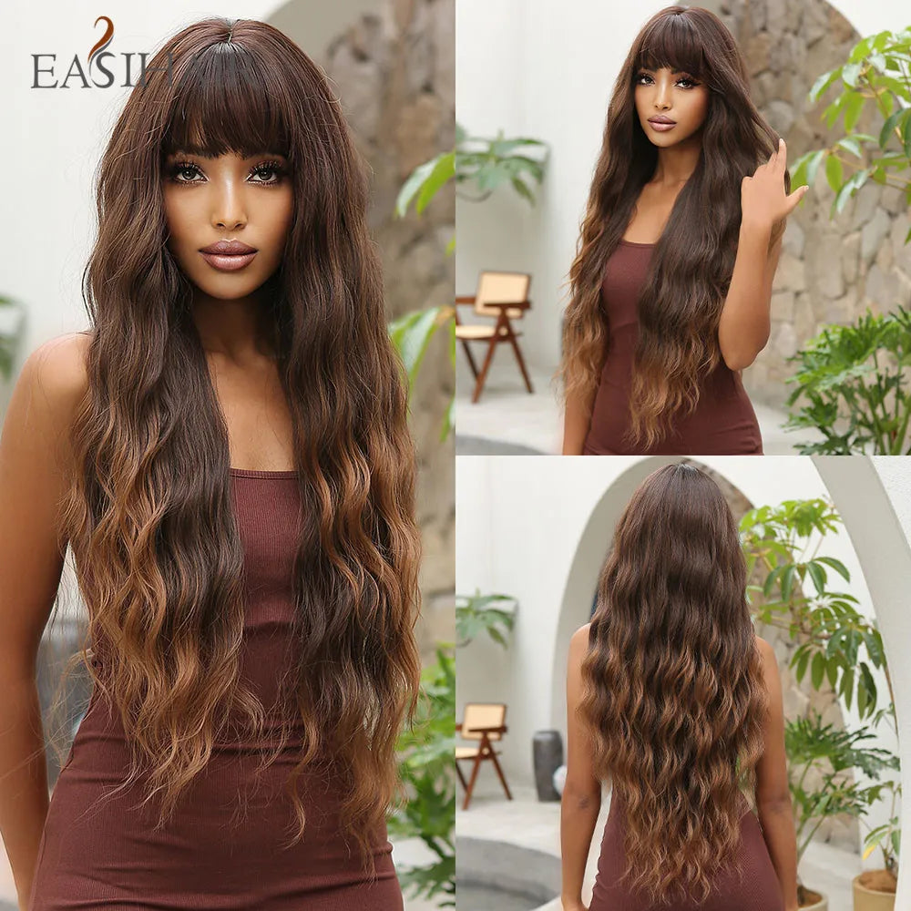 EASIHAIR Brown Black Kinky Curly Wave Synthetic Wigs with Bangs Deep Wave Long Hair Wigs for Women Daily Cosplay Heat Resistant