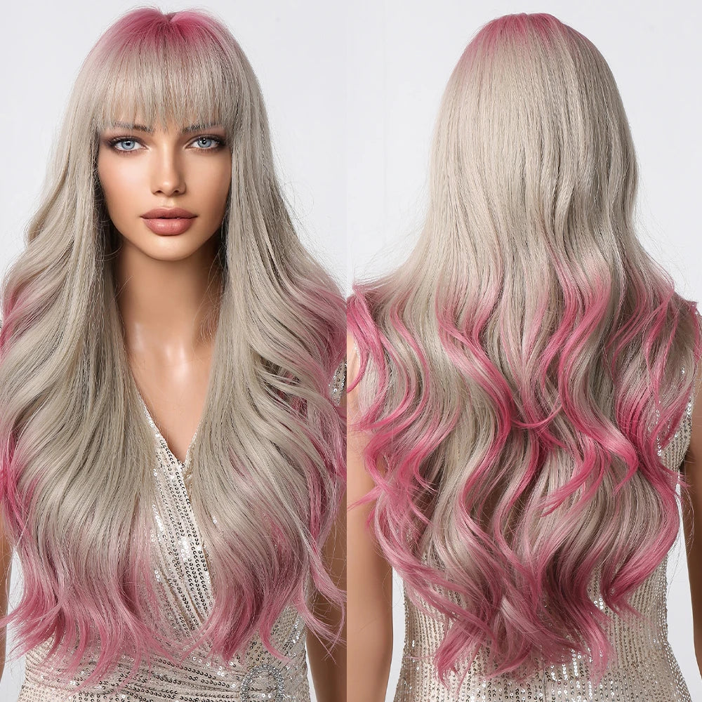 Long Wavy Gray Ash Brown Blonde Ombre Synthetic Wigs with Bangs Cosplay Natural Curly Hair Wig for Women Afro Heat Resistant