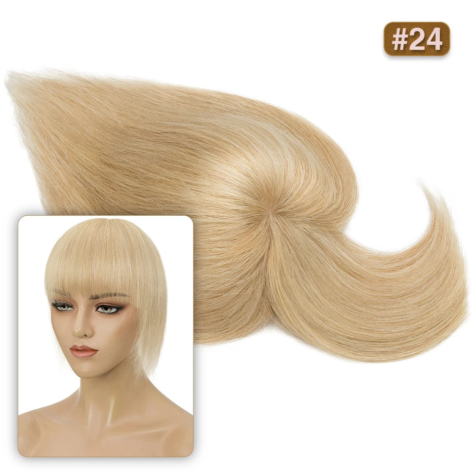 S-noilite 8.5x8.5cm Hair Topper Human Hair Cilp Center Crown Wig With Bangs Clip In Natural Hair Extension Hair Vortex Hairpiece