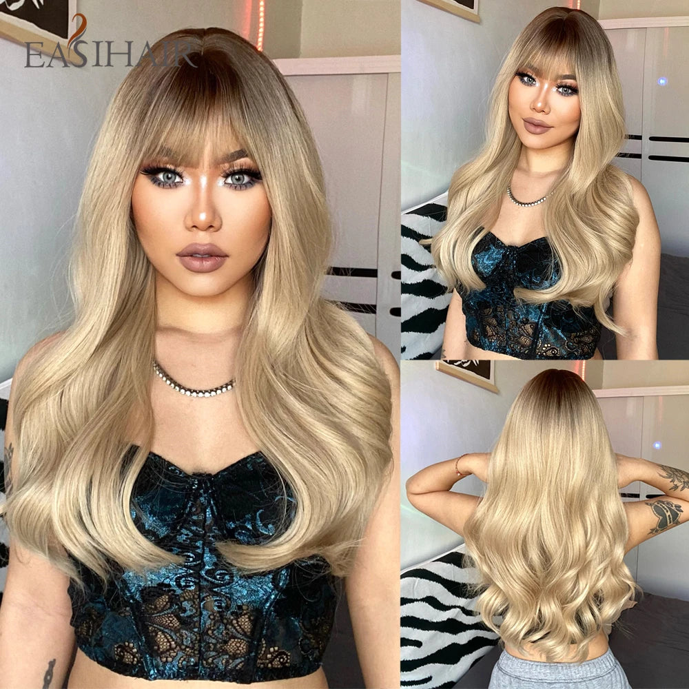 EASIHAIR Ash Blonde Wavy Cosplay Wigs with Bangs Natural Long Synthetic Hairs for Women Lolita Party Heat Resistant Fibers Wig