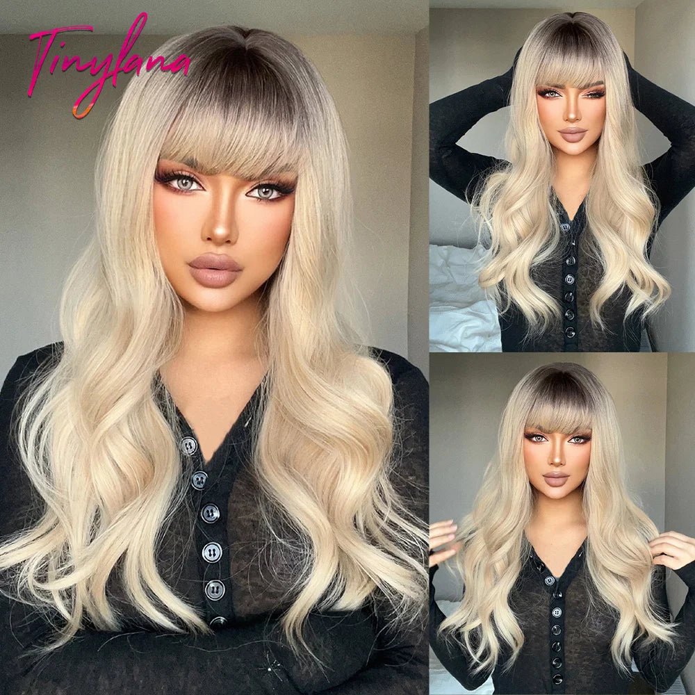 Blonde Ginger Yellow Lolita Cosplay Synthetic Wigs Long Curly Wavy Natural Hair with Bangs for Women Party Heat Resistant Wig