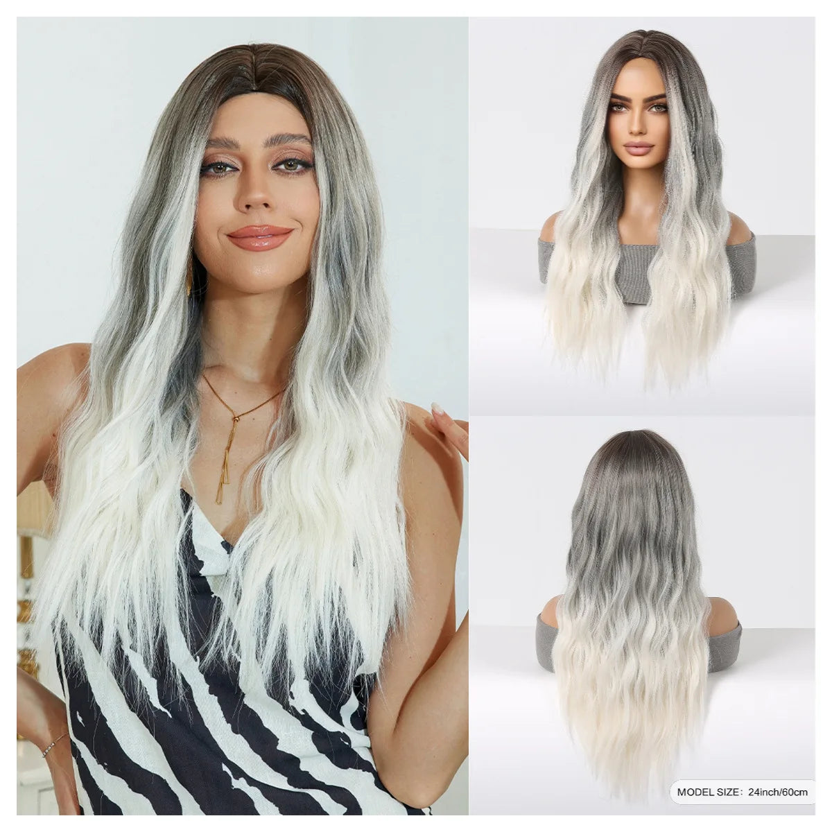 LOUIS FERRE Dark Brown Long Wavy Natural Hair Women's Synthetic Wig With Bangs Long Water Wave Daily Cosplay Hair Heat Resistant