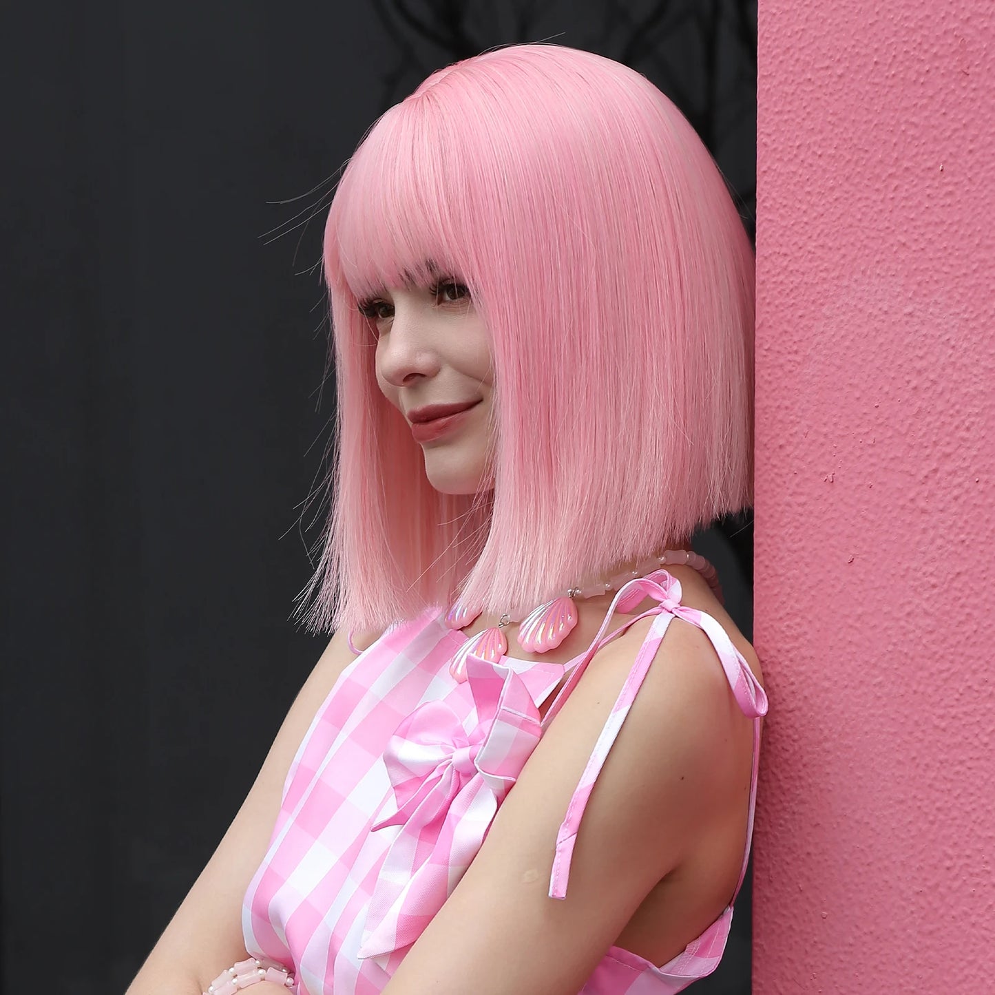 LOUIS FERRE Short Light Pink Bob Wigs With Bangs Natural Synthetic Wigs for Women Daily Cosplay Hair Heat Resistant Fibre Wig