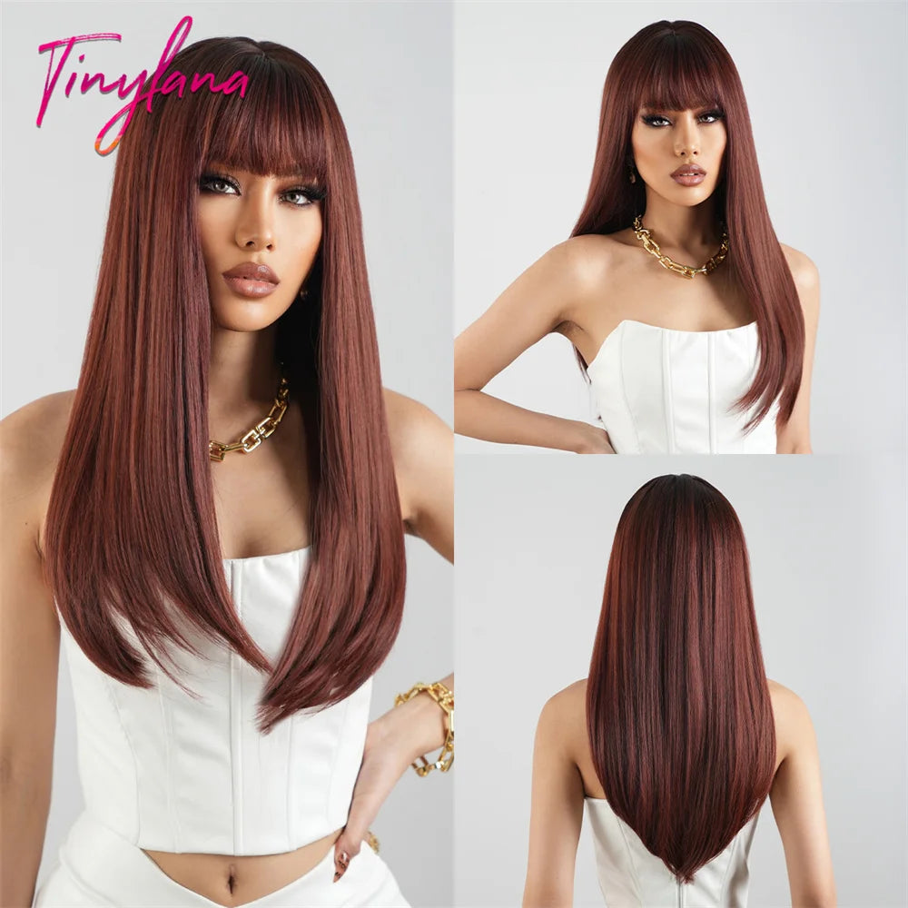 Long Straight Pink Mixed White Synthetic Wigs with Bangs Halloween Cosplay Colorful Wigs for Women Natural Hair Heat Resistant