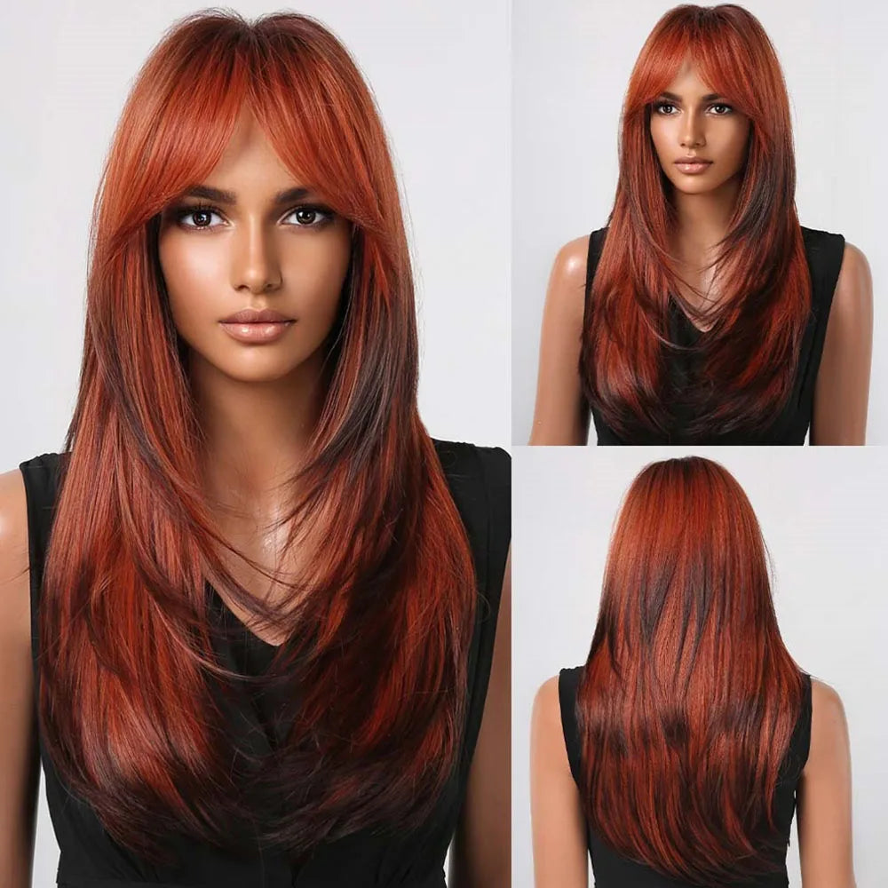 HENRY MARGU Ombre Red to Black Synthetic Wigs with Bangs Long Straight Layered Wig Colored Party Heat Resistant Hair for Women