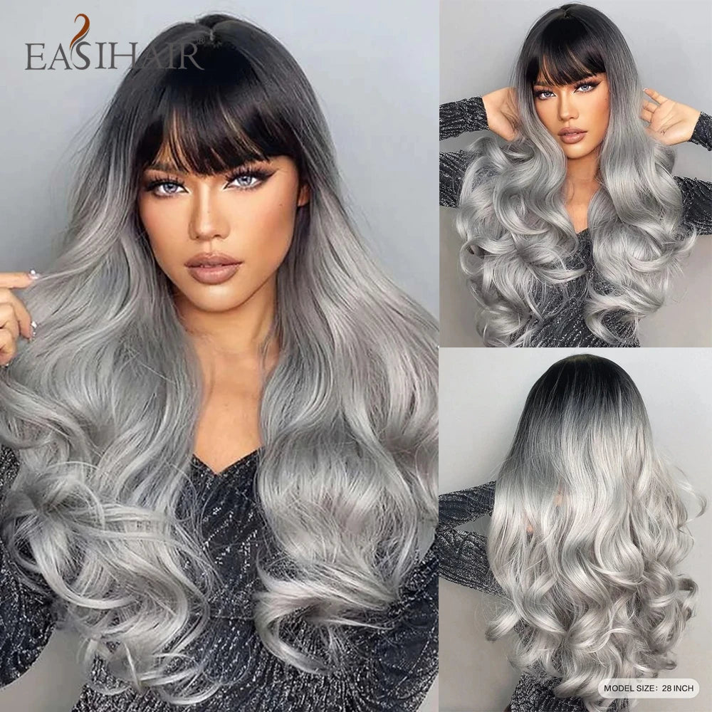 EASIHAIR Ash Blonde Wavy Cosplay Wigs with Bangs Natural Long Synthetic Hairs for Women Lolita Party Heat Resistant Fibers Wig