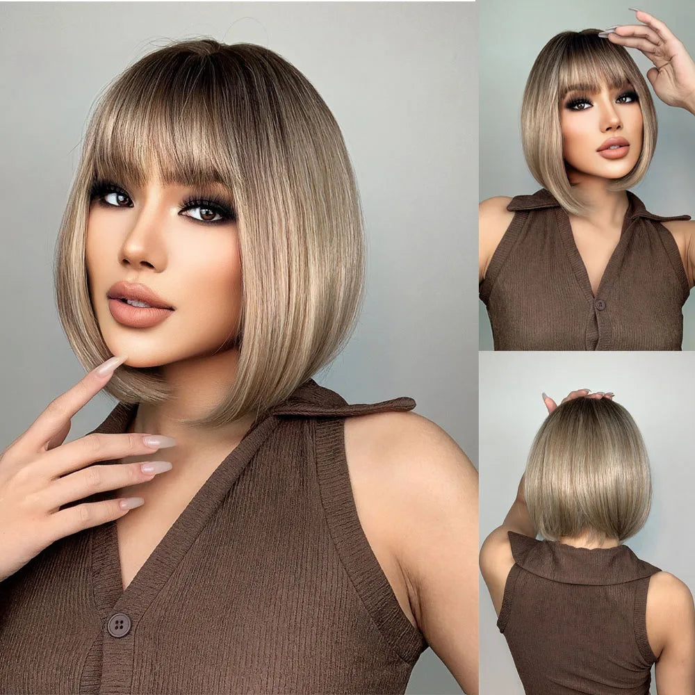 HENRY MARGU Ombre White Blonde Bob Synthetic Wig Short Straight with Bangs Natural Hair Wig for Women Cosplay Wig Heat Resistant