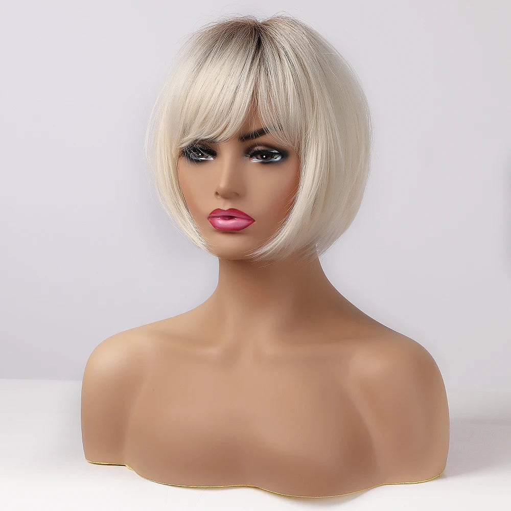 ALAN EATON Short Straight Ombre Brown Blonde Bob Wig With Bangs Synthetic Hair Wig for Women Cosplay Lolita Heat Resistant Fiber