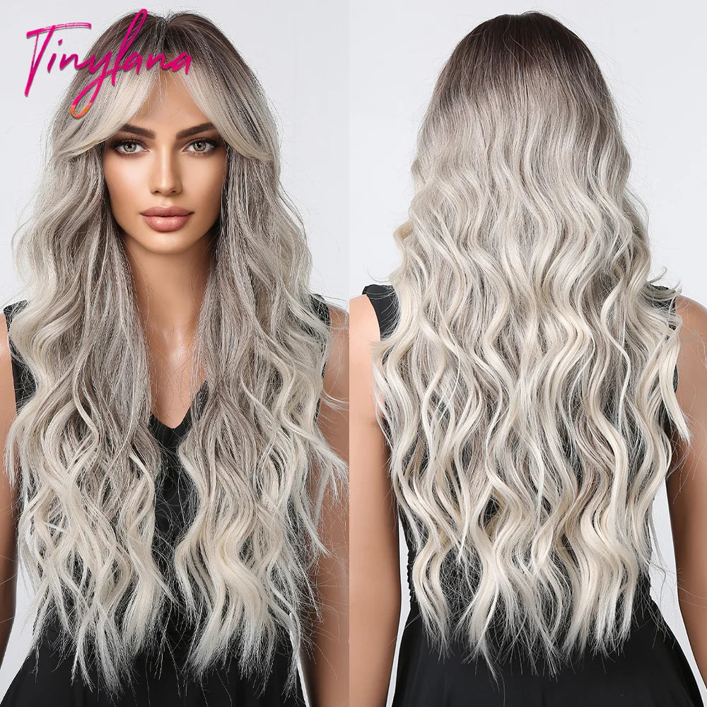 Long Wavy Gray Ash Brown Blonde Ombre Synthetic Wigs with Bangs Cosplay Natural Curly Hair Wig for Women Afro Heat Resistant