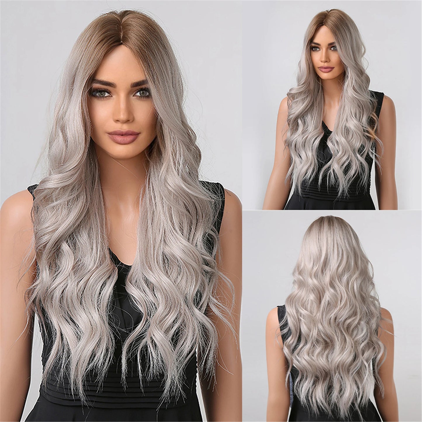 Long Wavy Gray Ash Brown Blonde Ombre Synthetic Wigs with Bangs Cosplay Natural Curly Hair Wig for Women Afro Heat Resistant
