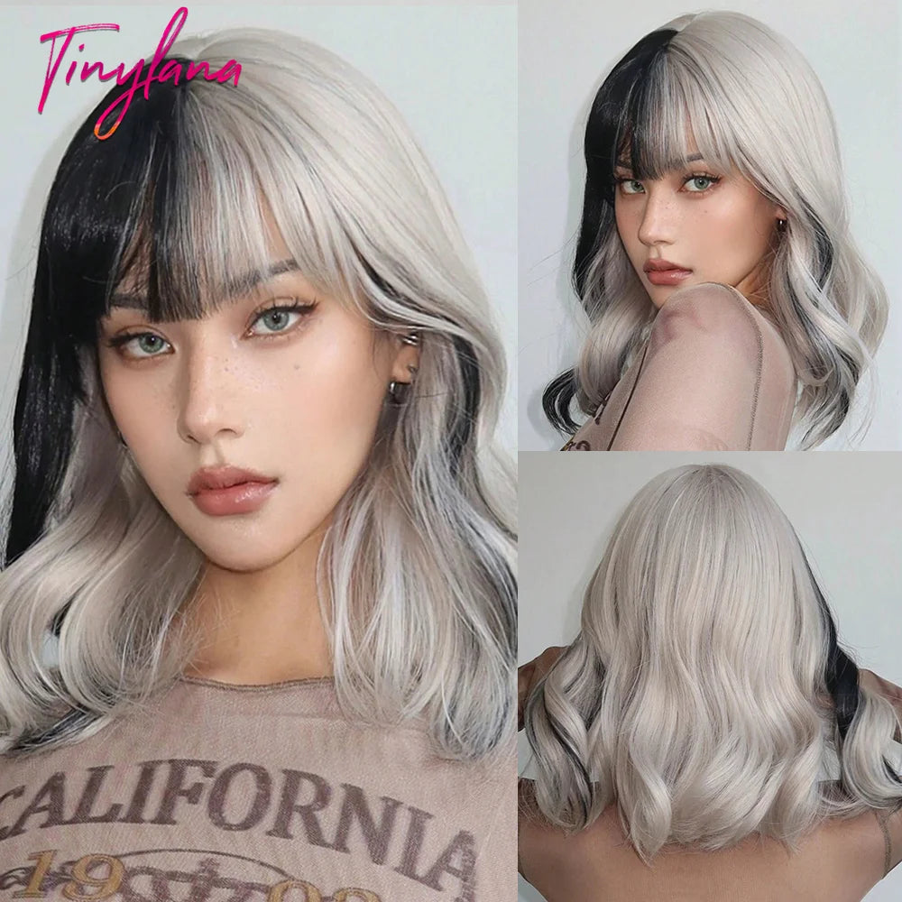 Bob Blue Curly Wavy Wigs with Bangs Short Colorful Cosplay Wigs for Women Afro Halloween DaiIy Natural Heat Resistant Fake Hair