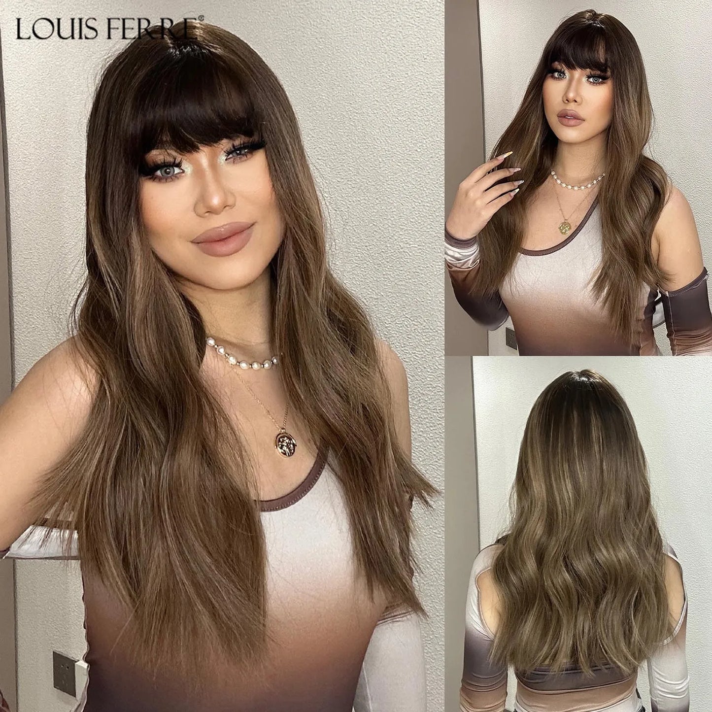LOUIS FERRE Dark Brown Long Wavy Natural Hair Women's Synthetic Wig With Bangs Long Water Wave Daily Cosplay Hair Heat Resistant