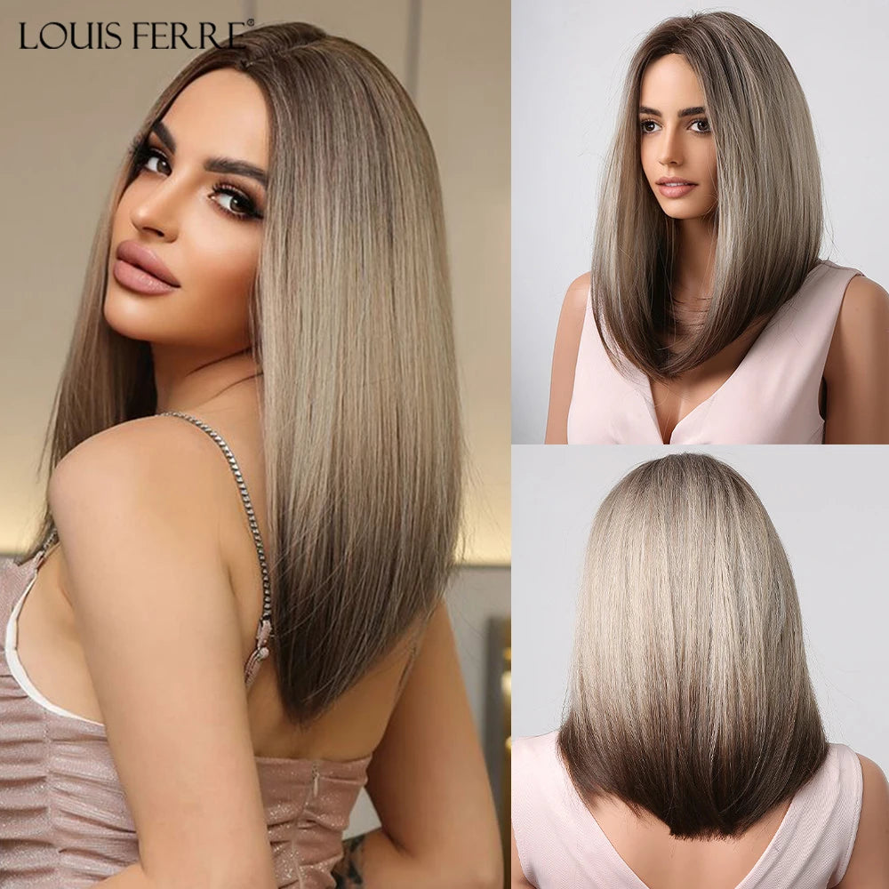 LOUIS FERRE Short Straight Synthetic Wigs for Women Brown Bob Wigs with Bangs Daily Cosplay Medium Length Heat Resistant Hair