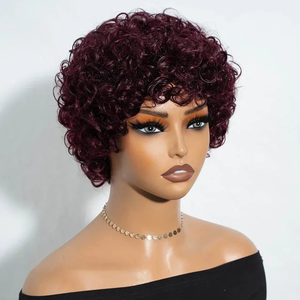 Brazilian Afro Puff Pixie Bob Wig 99J Natural Brown Full Machine Made Pre-Plucked Bangs 100% Human Hair For Black Women