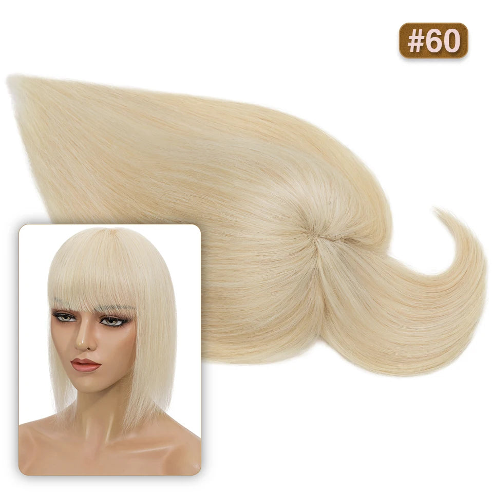 S-noilite 8.5x8.5cm Hair Topper Human Hair Cilp Center Crown Wig With Bangs Clip In Natural Hair Extension Hair Vortex Hairpiece