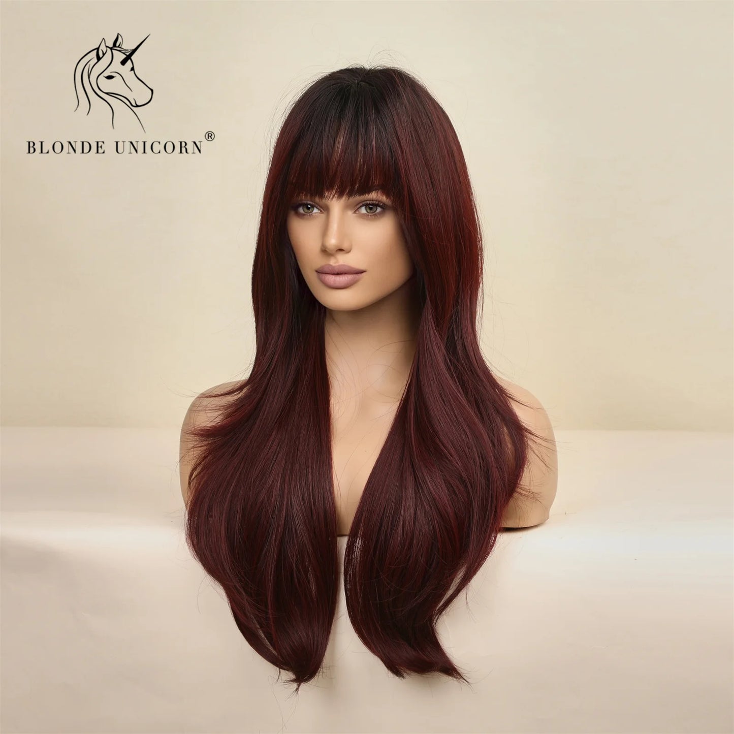 Blonde Unicorn Cherry Red Wig Synthetic Long Wavy Wig with Bangs Daily Party Cosplay Hair Wigs for Women Heat Resistant Fiber