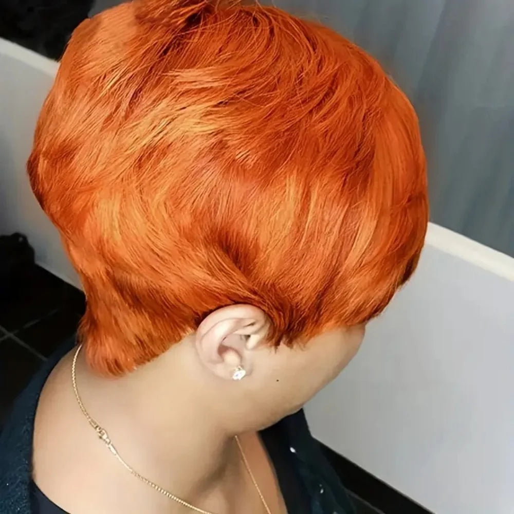 350# Orange Multicolor Pixie Cut Wigs with Bangs Layered Straight Human Hair Wig for Women 350# Natural Mixed Colors Full Machin