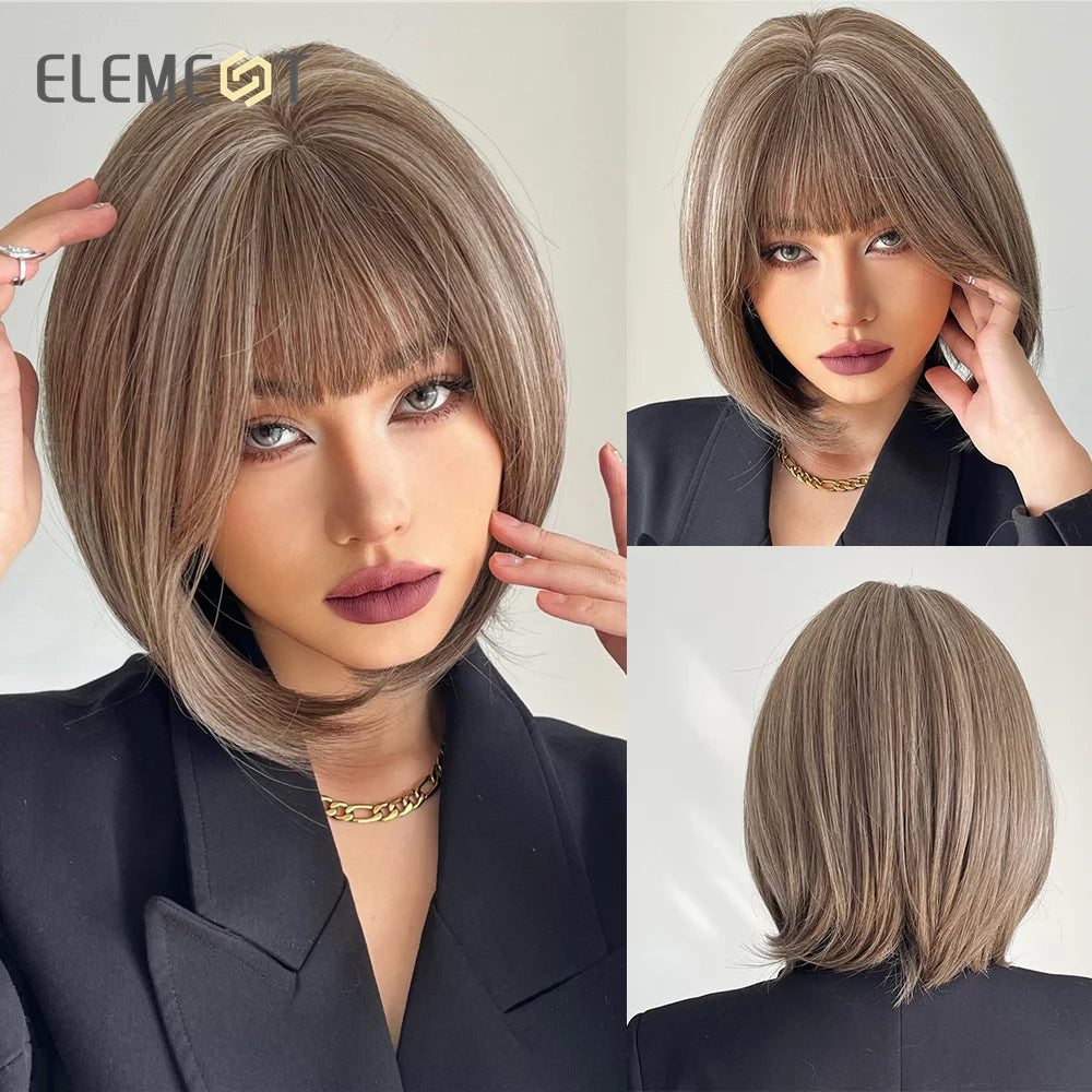 ELEMENT Synthetic Short Straight Wig Black Ombre Blonde Bob Wigs with Bangs for Women Cosplay Party Daily Hair Headband