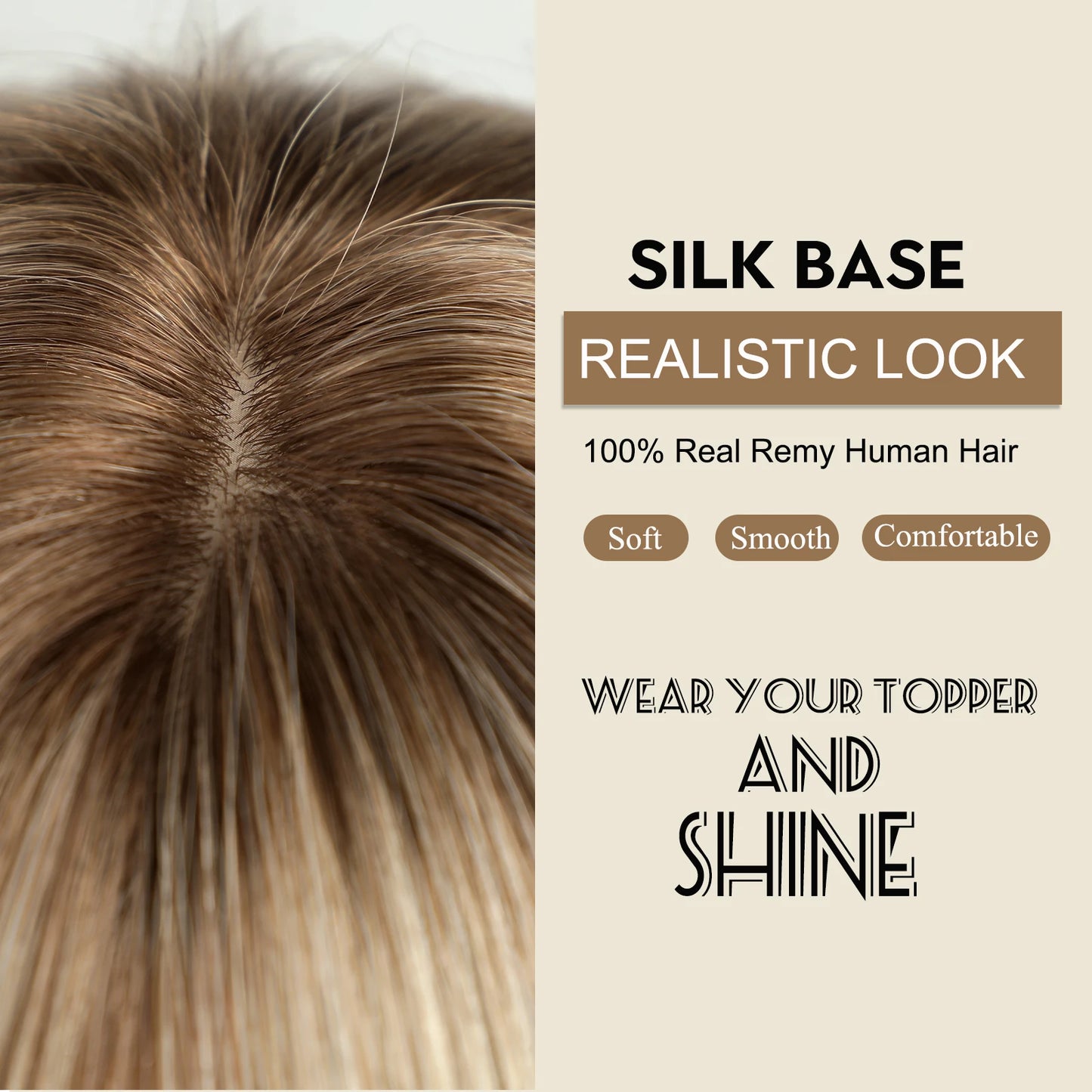 14 inch Hair Toppers for Women Brown Blonde Ombre Human Hair Toppers Silk Base Clips in Hair Extension Blonde Topper With Bangs