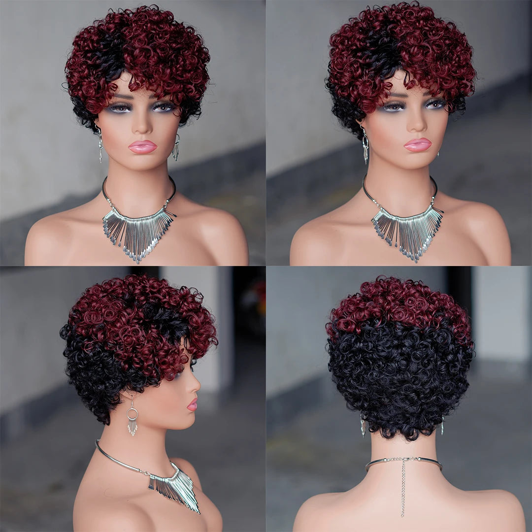 6inch Short Curly Wigs T1B/99J None Lace Front Human Hair Wigs with Bangs 180% Density Machine Made Pixie Cut Curly Wave Wig