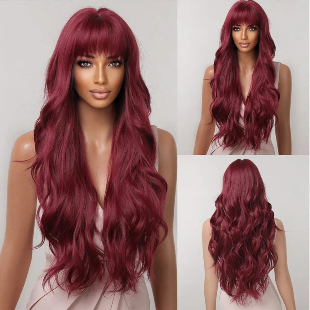 HENRY MARGU Long Wavy Brown Red Orange Wigs with Bangs Cosplay Party Heat Resistant Synthetic Hair Wigs for Black Women Afro