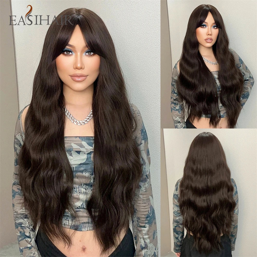 Ombre Light Brown Wigs with Bangs Blonde Highlight Long Curly Wavy Synthetic Wigs for Women Daily Cosplay Party Heat Resistant