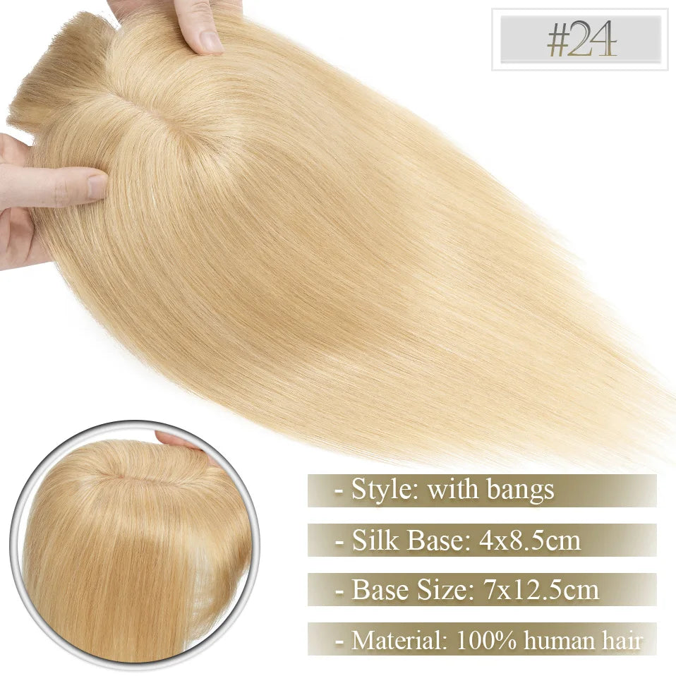 TESS Women Topper 7x12.5cm Hair Toppers With Bangs Natural Hair Wig Human Hair Silk Base Center Part Hair Clip In Hair Extension