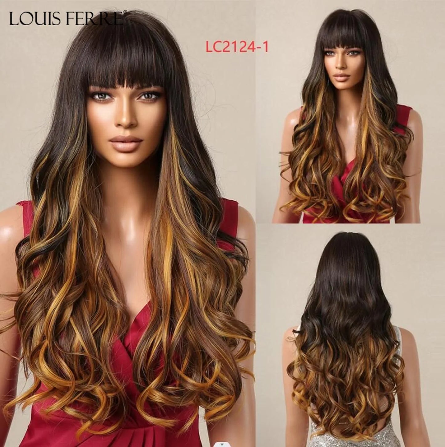 LOUIS FERRE Dark Brown Long Wavy Natural Hair Women's Synthetic Wig With Bangs Long Water Wave Daily Cosplay Hair Heat Resistant
