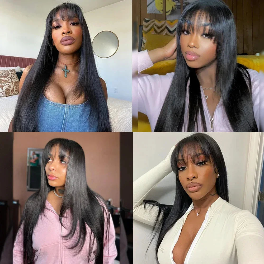 Reddish Brown Straight Layered Cut Lace Wigs with Bangs HD Lace Fake Scalp Synthetic Natural Layered Lace Front Wig Glueless Wig