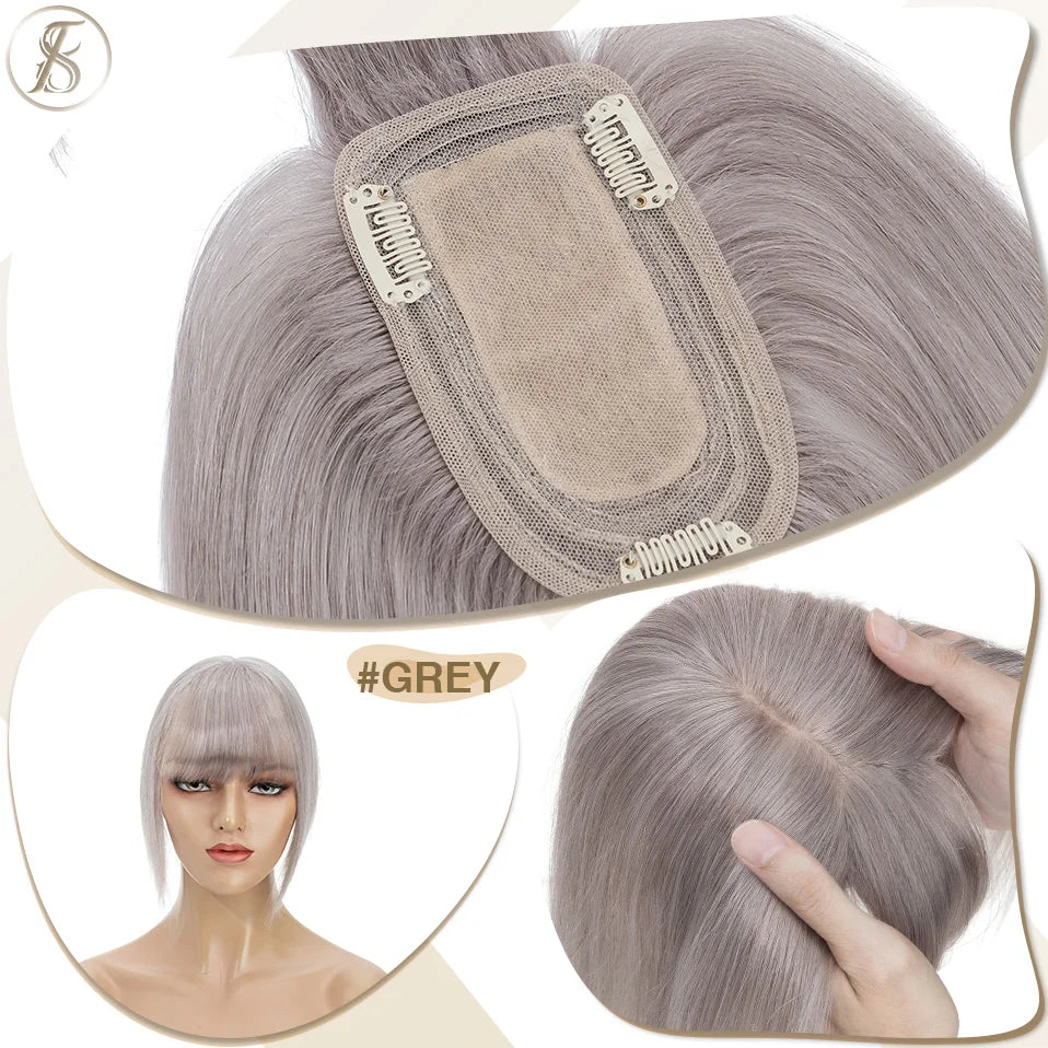 TESS Women Topper 7x12.5cm Hair Toppers With Bangs Hair Clips Natural Hair Wigs 100% Human Hair Silk Base Clip In Hair Extension