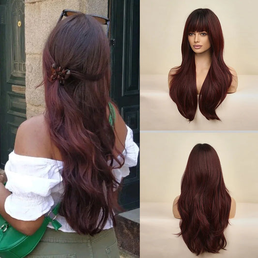 Blonde Unicorn Cherry Red Wig Synthetic Long Wavy Wig with Bangs Daily Party Cosplay Hair Wigs for Women Heat Resistant Fiber