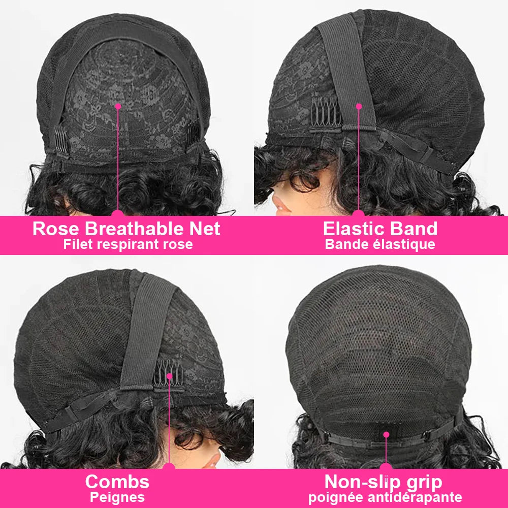 Funmi Curly Full Machine Made Short Bob Wig with Bangs Glueless Ready to Wear Loose Curly Vietnamese Human Hair Wigs for Women