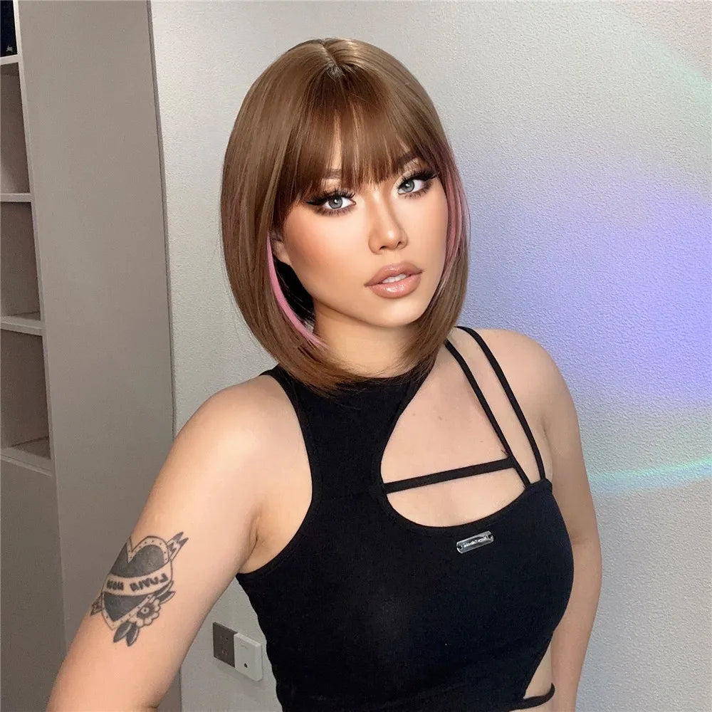 HENRY MARGU Brown Short Bob Straight Wigs with Pink Highlight Women Brown Daily Wig Synthetic Hair Wig with Bangs Heat Resistant