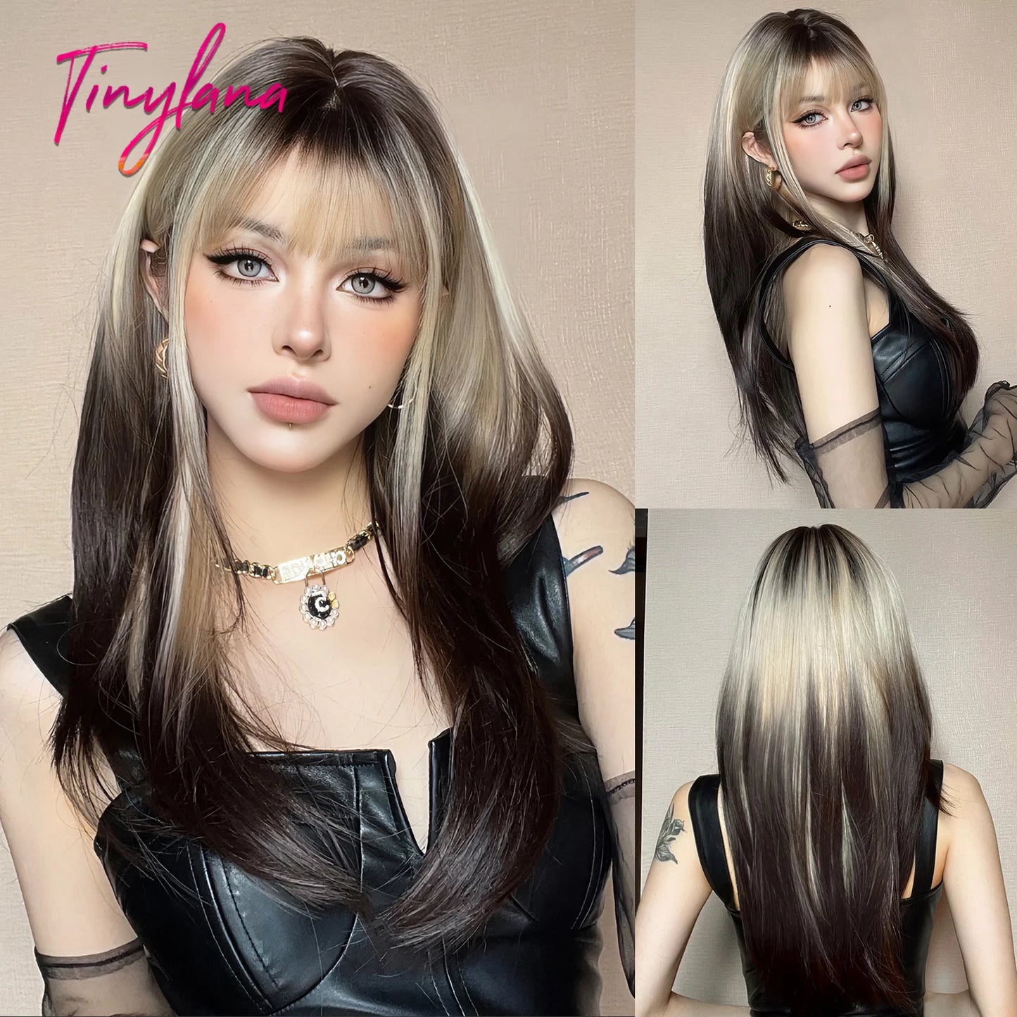 Long Brown Blonde Straight Synthetic Wig with Bangs Brown Ombre Cosplay Layered Wigs for Women Party Heat Resistant Natural Hair